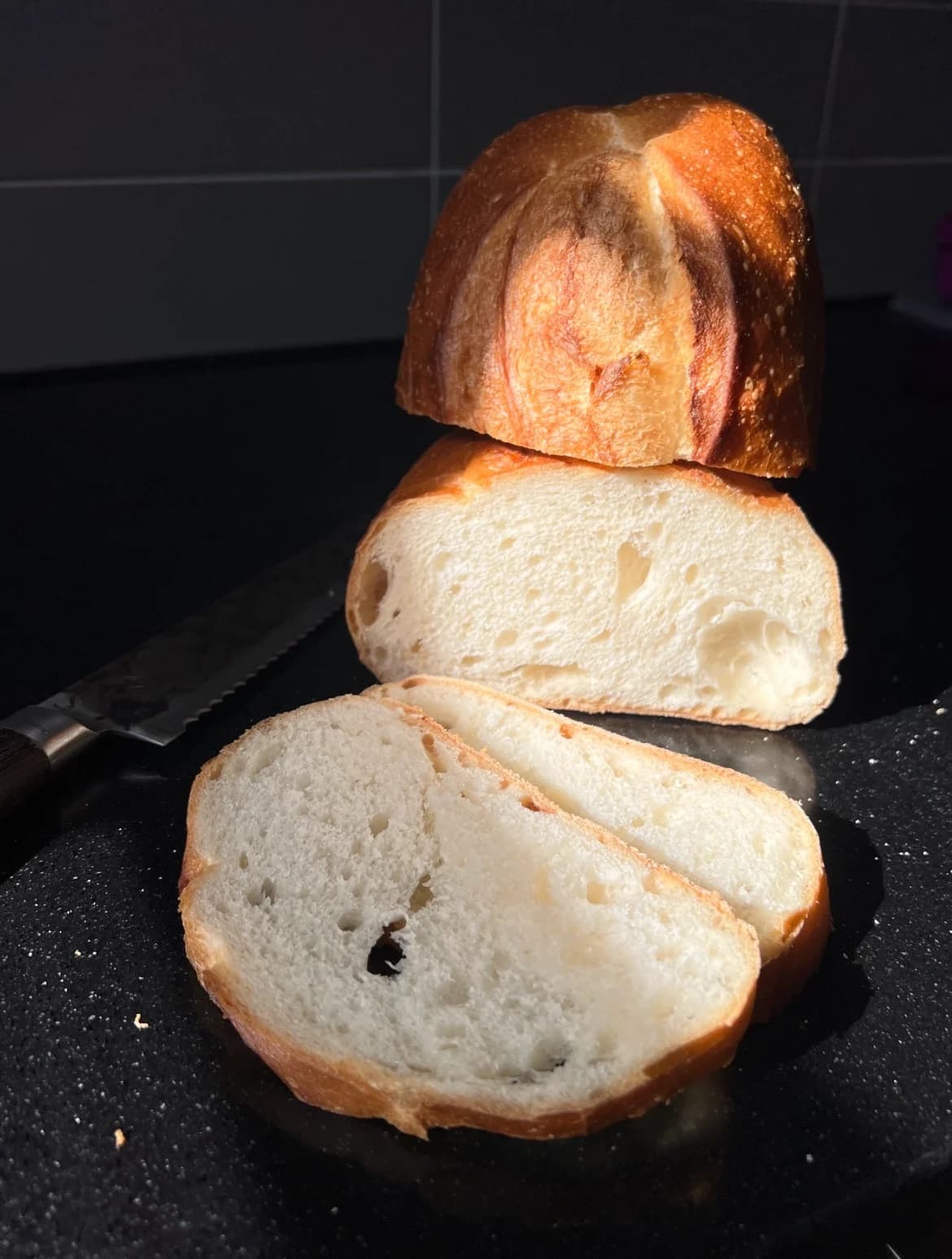 Crumb of a sliced levain from Victoire Boulangerie in Rozelle